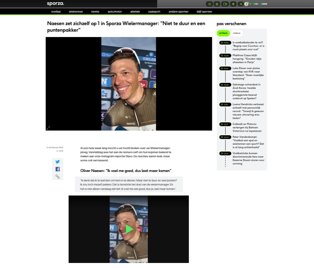 Sporza Wielermanager Oliver Naesen