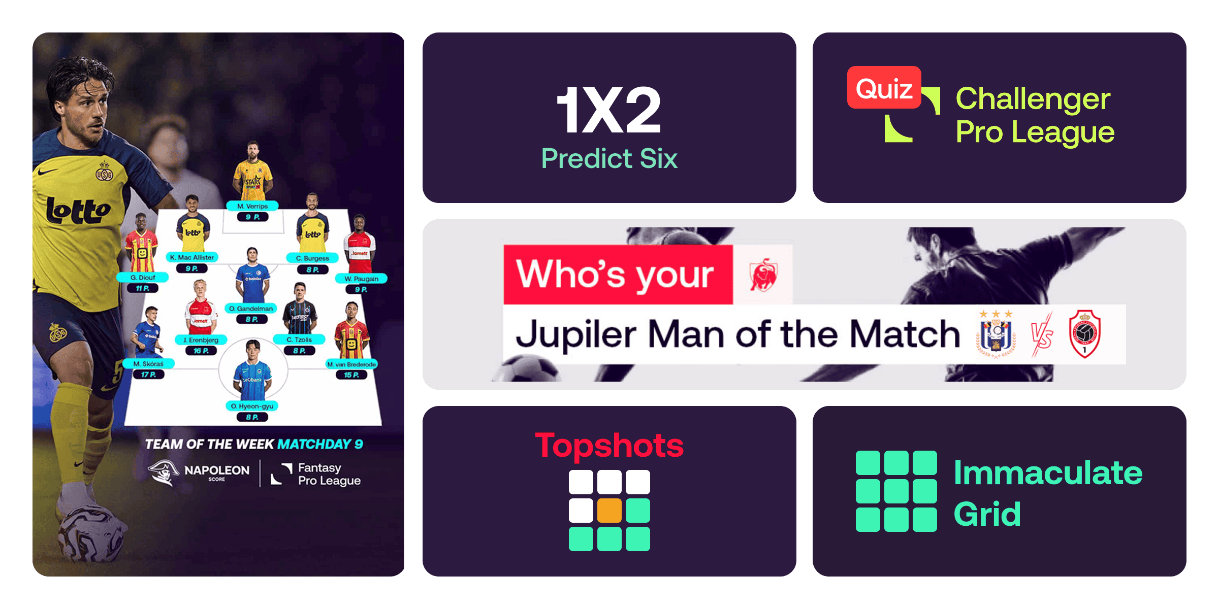 Games in a Fan Arena gaming hub: fantasy, predictor, Man of the Match vote, Topshots and Immaculate Grid